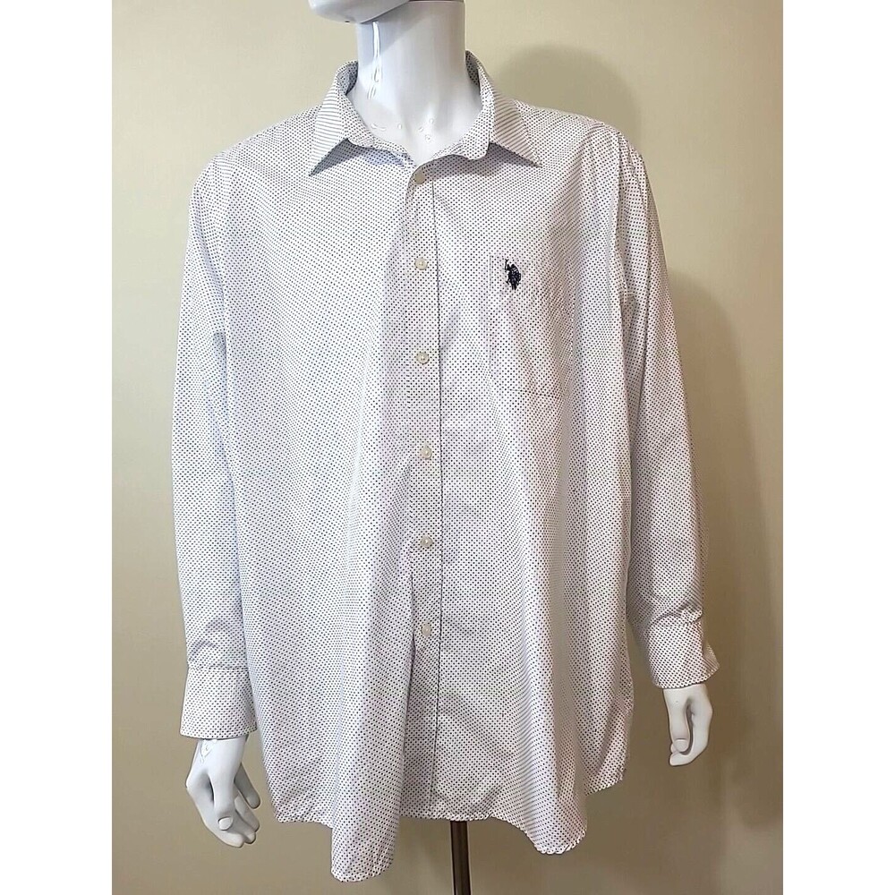 US Polo Mens Button Up Shirt Big 2XL Regular Fit 18 - 18.5 34/35 White Black Dot